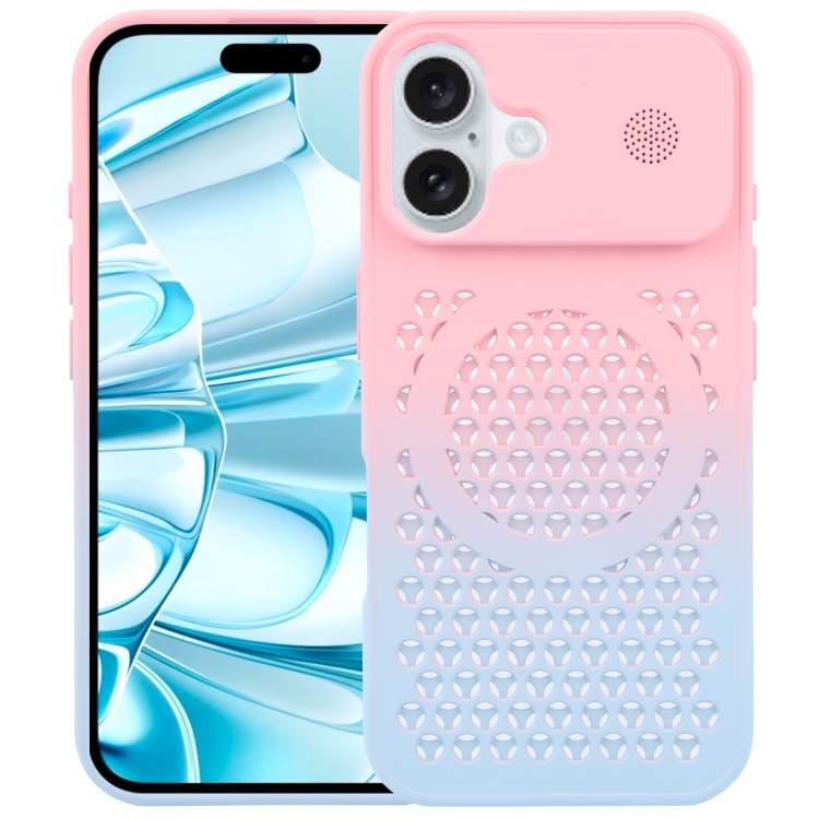 

For iPhone 16 Plus Gradient Color Honeycomb Aromatherapy MagSafe Phone Case(Pink Blue)