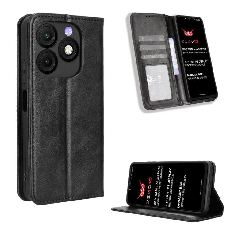 

For itel Zeno 10 Magnetic Buckle Retro Texture Leather Phone Case(Black)