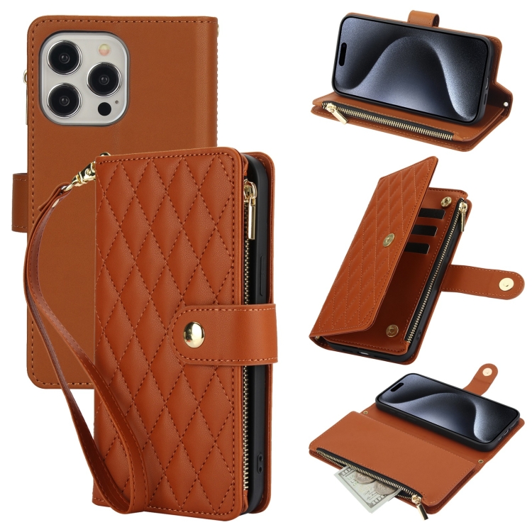 

For iPhone 15 Pro Max YM016 Rhombic Zipper Card Wallet Leather Phone Case with Lanyard(Brown)
