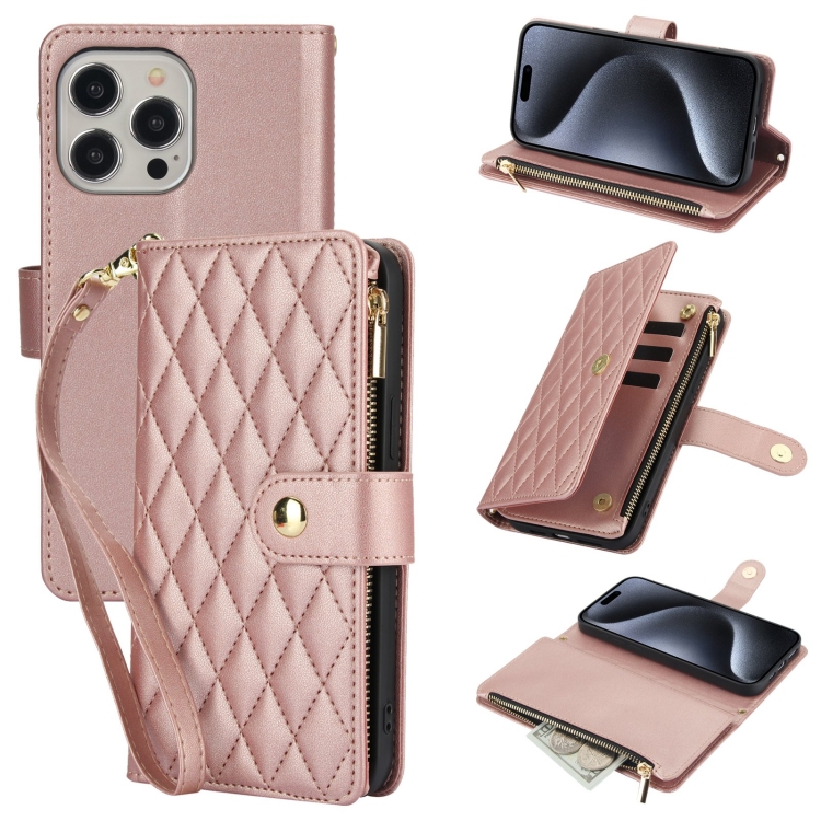 

For iPhone 15 Pro Max YM016 Rhombic Zipper Card Wallet Leather Phone Case with Lanyard(Rose Gold)
