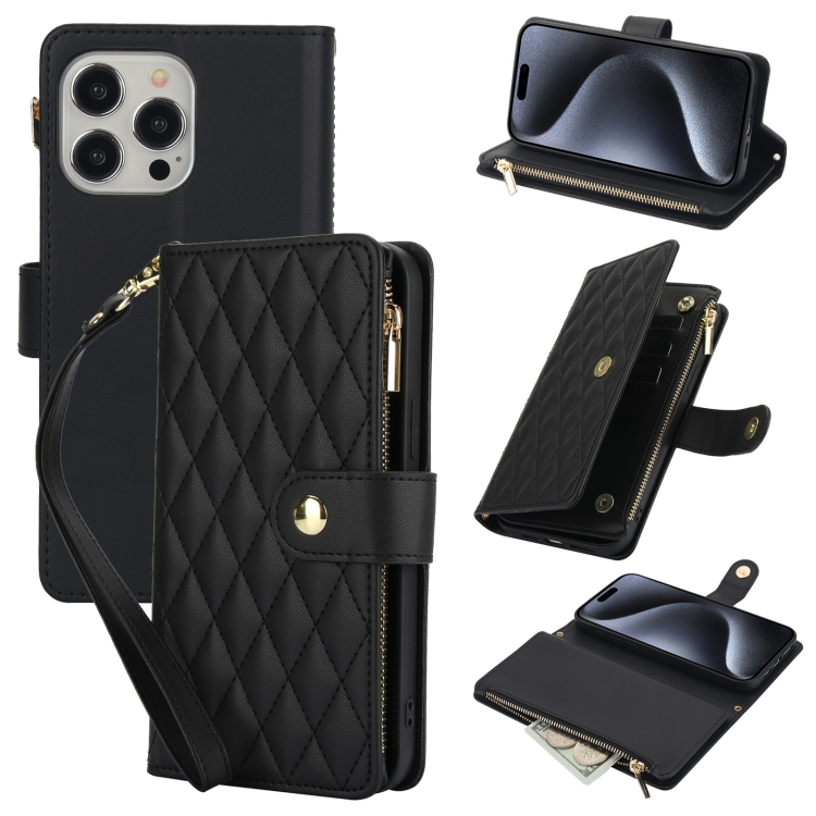 

For iPhone 15 Pro Max YM016 Rhombic Zipper Card Wallet Leather Phone Case with Lanyard(Black)