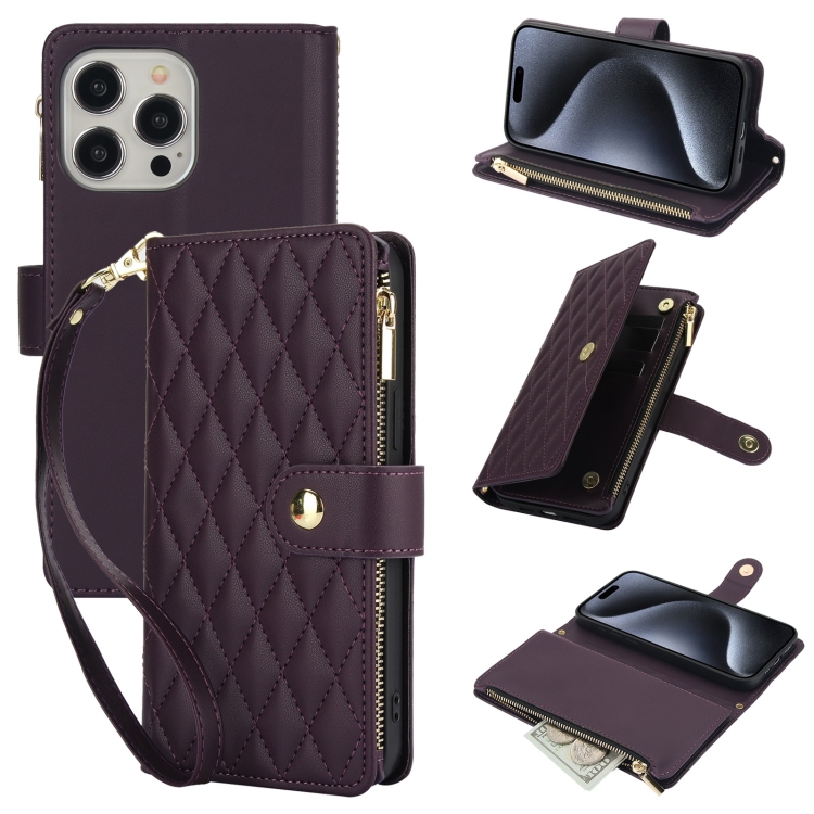 

For iPhone 15 Pro YM016 Rhombic Zipper Card Wallet Leather Phone Case with Lanyard(Dark Purple)