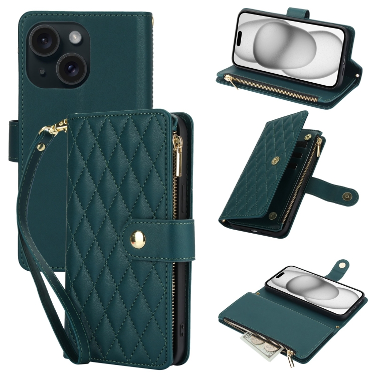 

For iPhone 15 Plus YM016 Rhombic Zipper Card Wallet Leather Phone Case with Lanyard(Green)