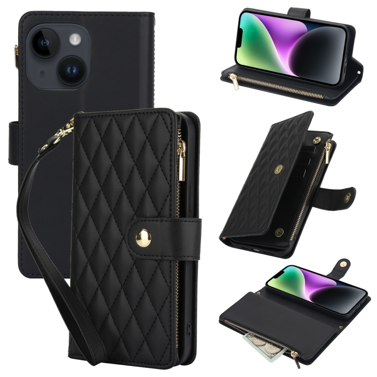 

For iPhone 14 YM016 Rhombic Zipper Card Wallet Leather Phone Case with Lanyard(Black)