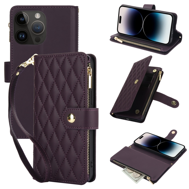 

For iPhone 14 Pro YM016 Rhombic Zipper Card Wallet Leather Phone Case with Lanyard(Dark Purple)