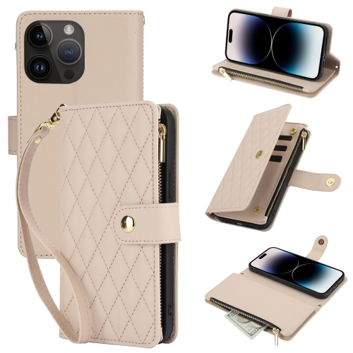 

For iPhone 14 Pro YM016 Rhombic Zipper Card Wallet Leather Phone Case with Lanyard(Apricot)