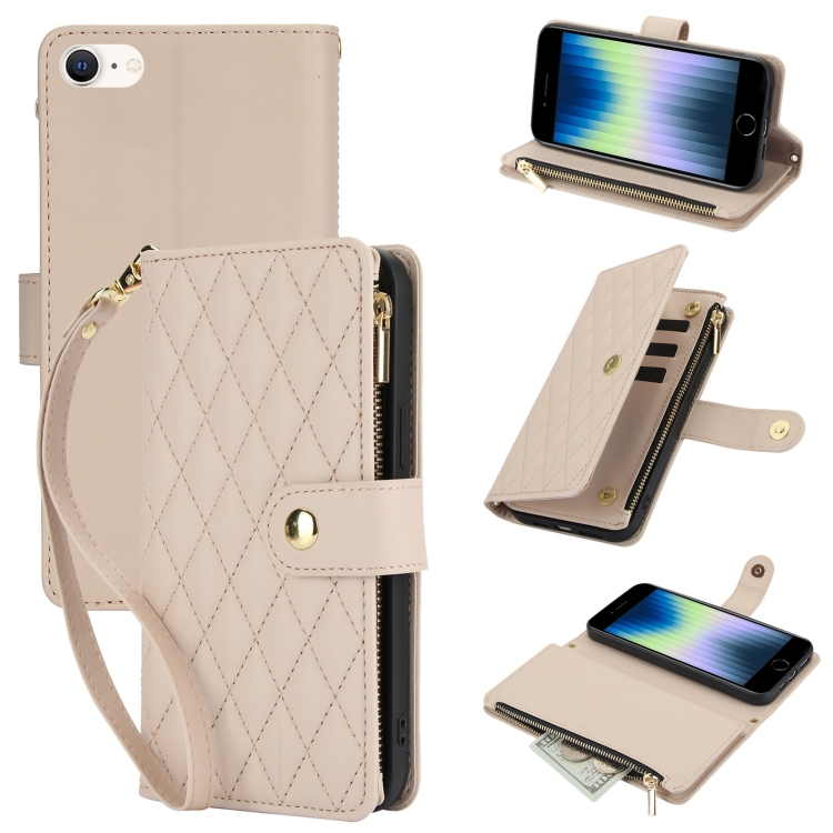 

For iPhone SE 2022 / SE 2020 / 8 YM016 Rhombic Zipper Card Wallet Leather Phone Case with Lanyard(Apricot)