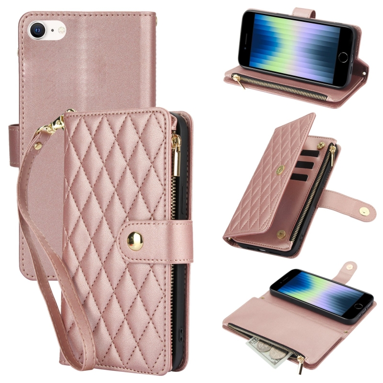

For iPhone SE 2022 / SE 2020 / 8 YM016 Rhombic Zipper Card Wallet Leather Phone Case with Lanyard(Rose Gold)