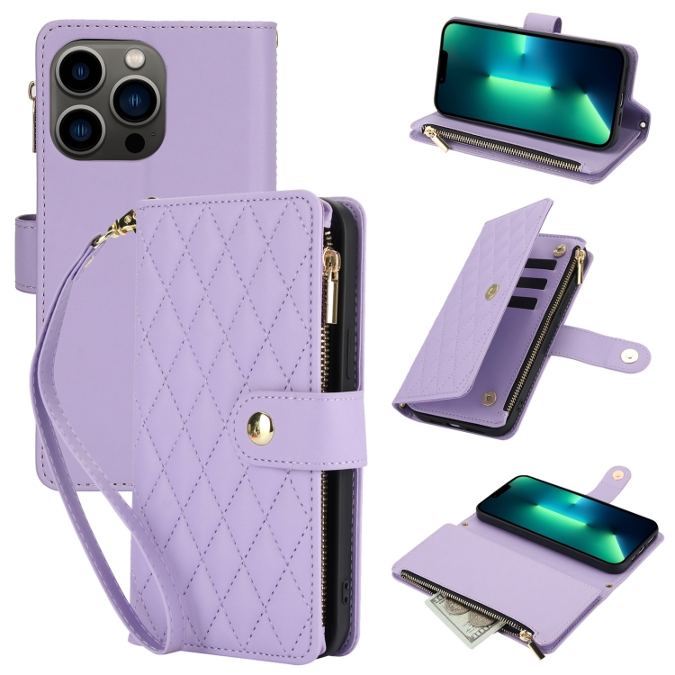 

For iPhone 13 Pro Max YM016 Rhombic Zipper Card Wallet Leather Phone Case with Lanyard(Light Purple)