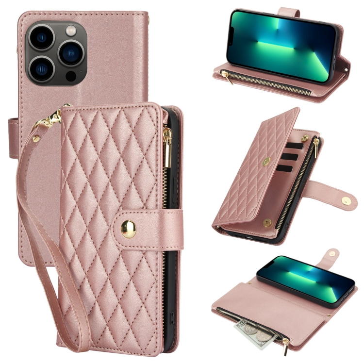 

For iPhone 13 Pro Max YM016 Rhombic Zipper Card Wallet Leather Phone Case with Lanyard(Rose Gold)