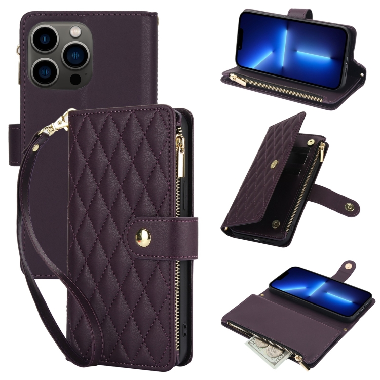 

For iPhone 13 Pro YM016 Rhombic Zipper Card Wallet Leather Phone Case with Lanyard(Dark Purple)