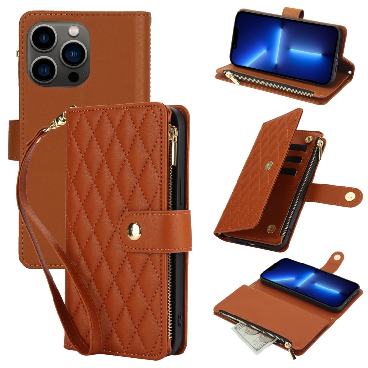 

For iPhone 13 Pro YM016 Rhombic Zipper Card Wallet Leather Phone Case with Lanyard(Brown)