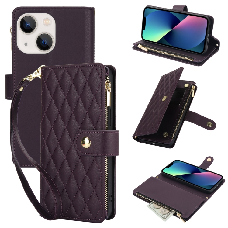 

For iPhone 13 mini YM016 Rhombic Zipper Card Wallet Leather Phone Case with Lanyard(Dark Purple)