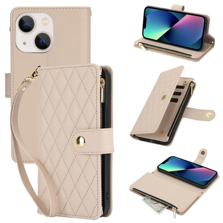 

For iPhone 13 mini YM016 Rhombic Zipper Card Wallet Leather Phone Case with Lanyard(Apricot)
