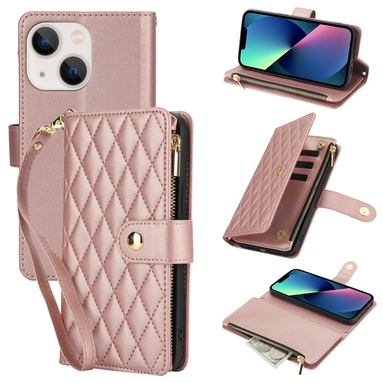 

For iPhone 13 mini YM016 Rhombic Zipper Card Wallet Leather Phone Case with Lanyard(Rose Gold)