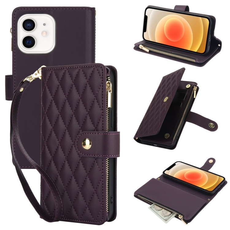 

For iPhone 12 / 12 Pro YM016 Rhombic Zipper Card Wallet Leather Phone Case with Lanyard(Dark Purple)