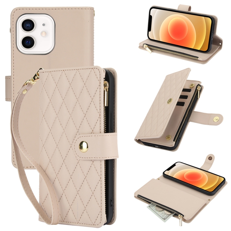 

For iPhone 12 / 12 Pro YM016 Rhombic Zipper Card Wallet Leather Phone Case with Lanyard(Apricot)