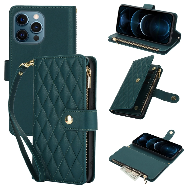 

For iPhone 12 Pro Max YM016 Rhombic Zipper Card Wallet Leather Phone Case with Lanyard(Green)