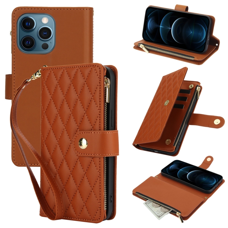 

For iPhone 12 Pro Max YM016 Rhombic Zipper Card Wallet Leather Phone Case with Lanyard(Brown)