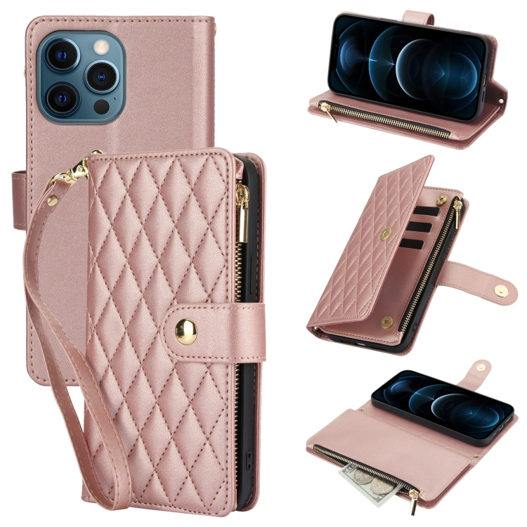 

For iPhone 12 Pro Max YM016 Rhombic Zipper Card Wallet Leather Phone Case with Lanyard(Rose Gold)
