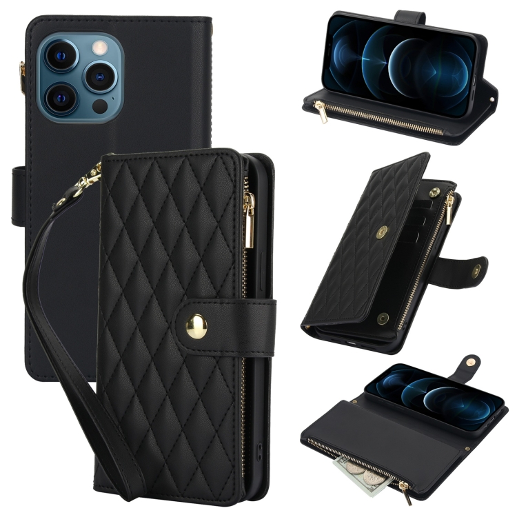 

For iPhone 12 Pro Max YM016 Rhombic Zipper Card Wallet Leather Phone Case with Lanyard(Black)