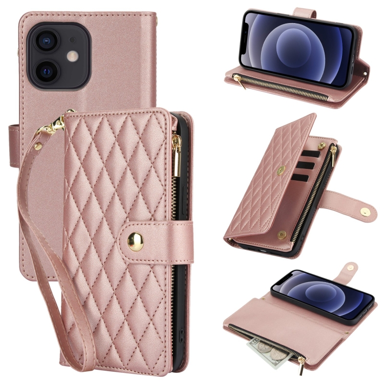 

For iPhone 12 mini YM016 Rhombic Zipper Card Wallet Leather Phone Case with Lanyard(Rose Gold)