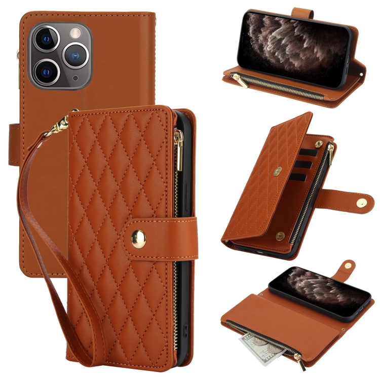 

For iPhone 11 Pro Max YM016 Rhombic Zipper Card Wallet Leather Phone Case with Lanyard(Brown)
