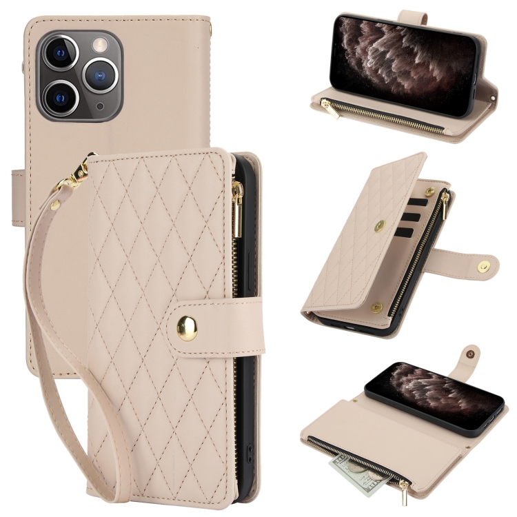 

For iPhone 11 Pro Max YM016 Rhombic Zipper Card Wallet Leather Phone Case with Lanyard(Apricot)