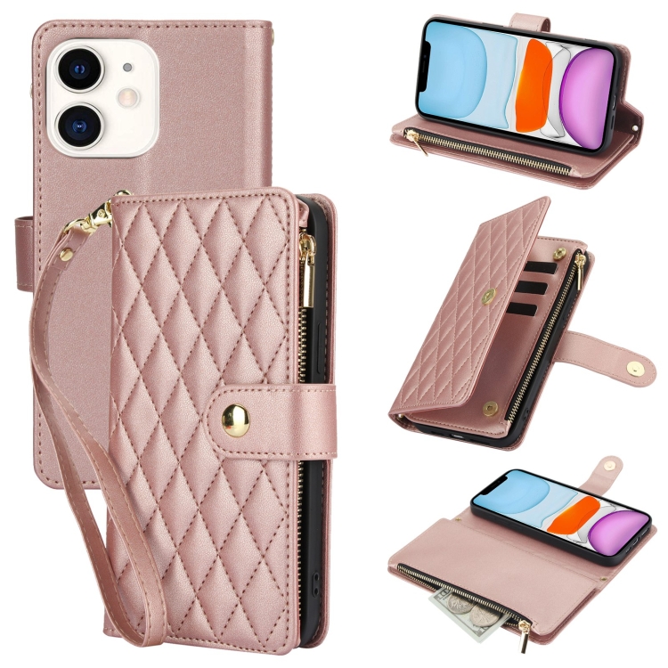 

For iPhone 11 YM016 Rhombic Zipper Card Wallet Leather Phone Case with Lanyard(Rose Gold)
