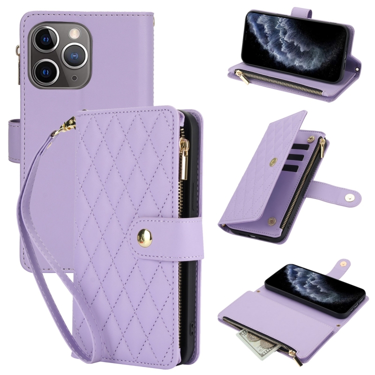 

For iPhone 11 Pro YM016 Rhombic Zipper Card Wallet Leather Phone Case with Lanyard(Light Purple)