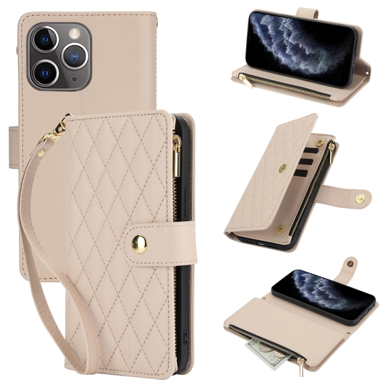 

For iPhone 11 Pro YM016 Rhombic Zipper Card Wallet Leather Phone Case with Lanyard(Apricot)
