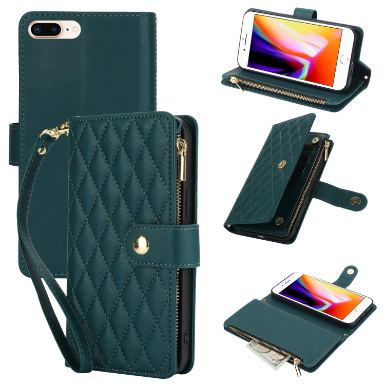 

For iPhone 8 Plus / 7 Plus YM016 Rhombic Zipper Card Wallet Leather Phone Case with Lanyard(Green)