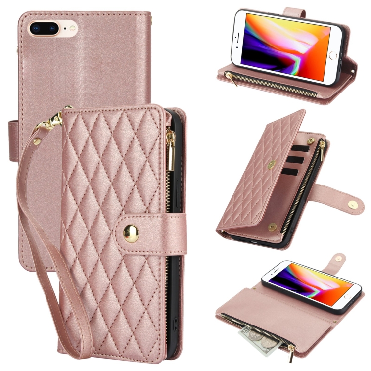 

For iPhone 8 Plus / 7 Plus YM016 Rhombic Zipper Card Wallet Leather Phone Case with Lanyard(Rose Gold)