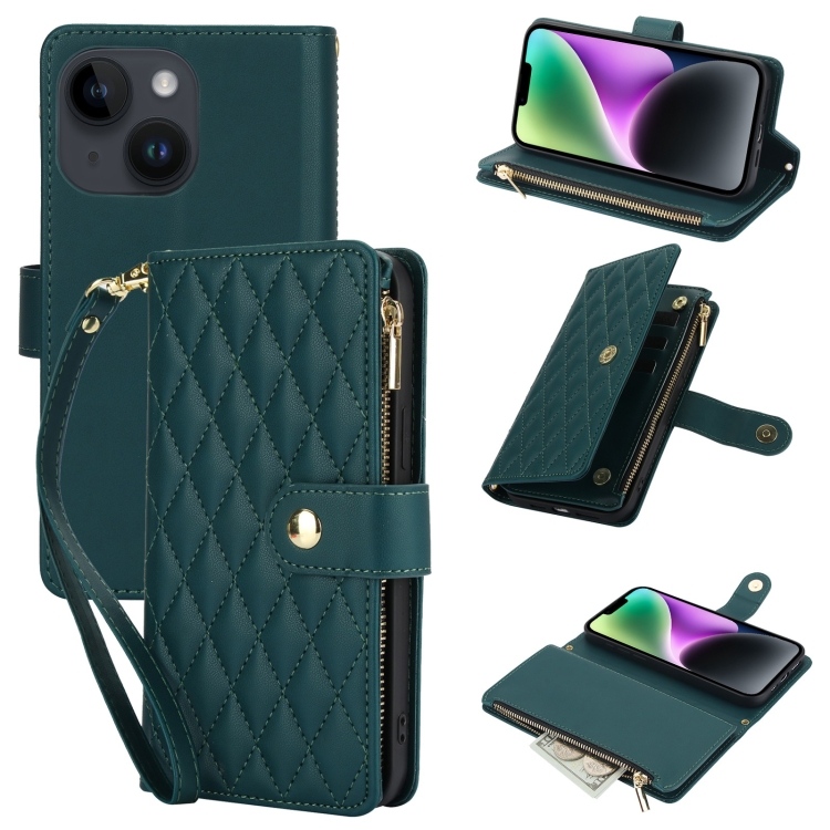 

For iPhone 14 Plus YM016 Rhombic Zipper Card Wallet Leather Phone Case with Lanyard(Green)