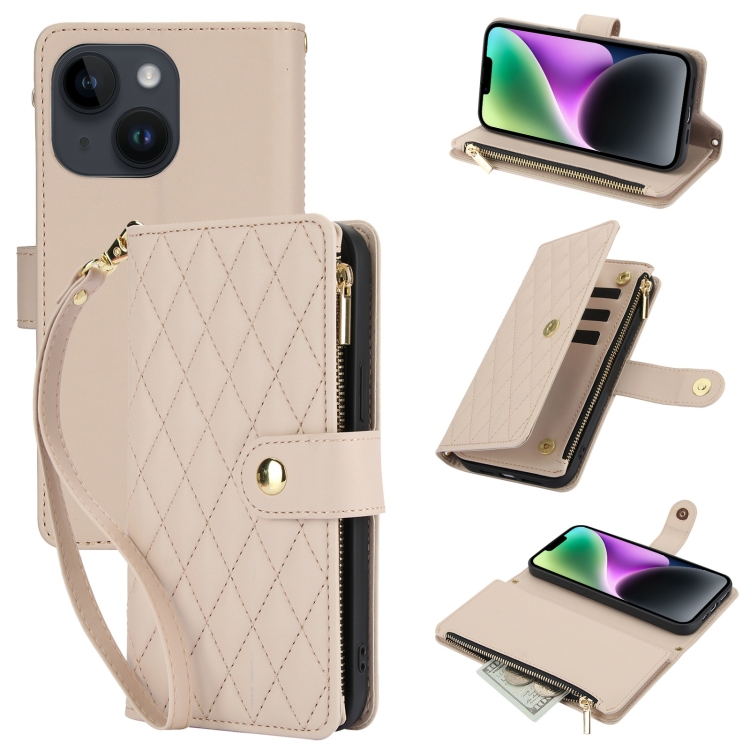 

For iPhone 14 Plus YM016 Rhombic Zipper Card Wallet Leather Phone Case with Lanyard(Apricot)