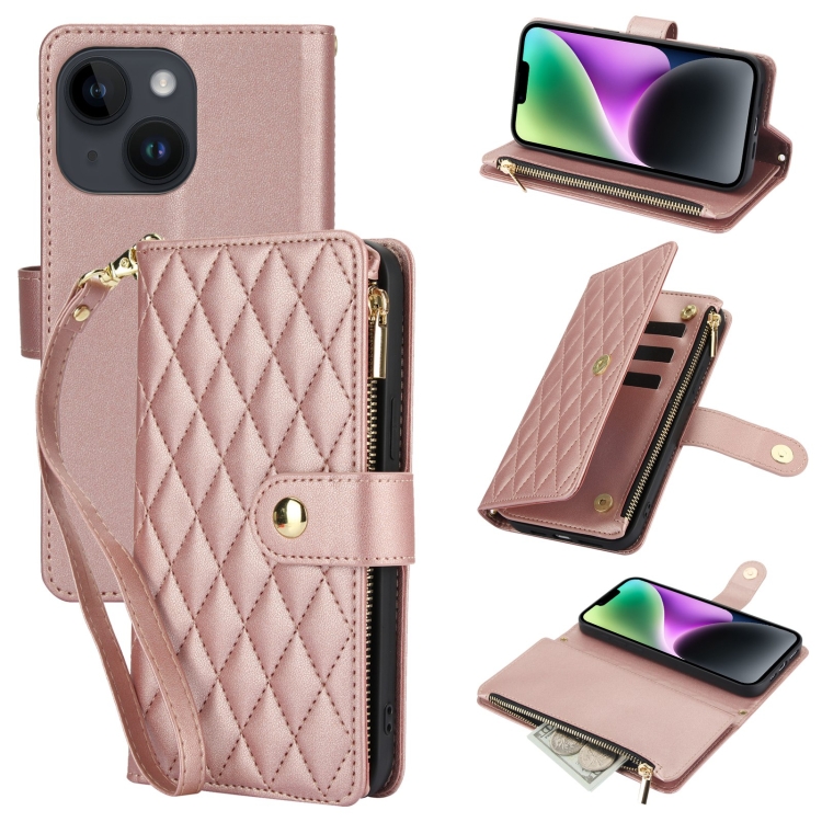 

For iPhone 14 Plus YM016 Rhombic Zipper Card Wallet Leather Phone Case with Lanyard(Rose Gold)