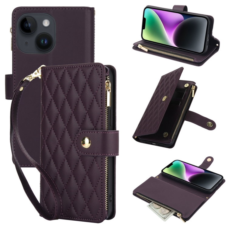 

For iPhone 13 YM016 Rhombic Zipper Card Wallet Leather Phone Case with Lanyard(Dark Purple)