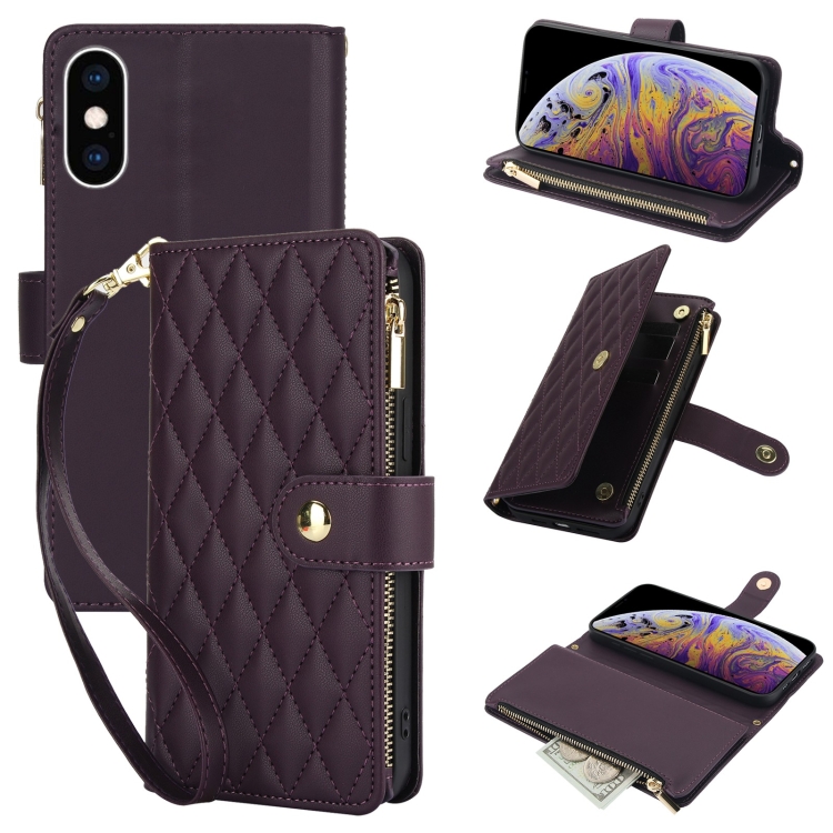 

For iPhone XS Max YM016 Rhombic Zipper Card Wallet Leather Phone Case with Lanyard(Dark Purple)