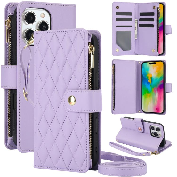 

For iPhone 16 Pro Max YM016 Rhombic Zipper Card Wallet Leather Phone Case with Lanyard(Light Purple)
