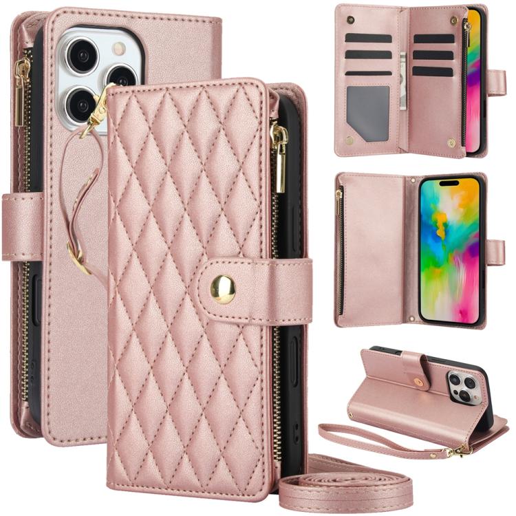 

For iPhone 16 Pro Max YM016 Rhombic Zipper Card Wallet Leather Phone Case with Lanyard(Rose Gold)
