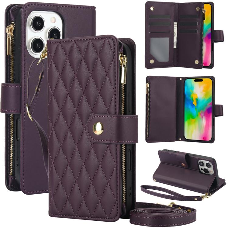 

For iPhone 16 Pro YM016 Rhombic Zipper Card Wallet Leather Phone Case with Lanyard(Dark Purple)