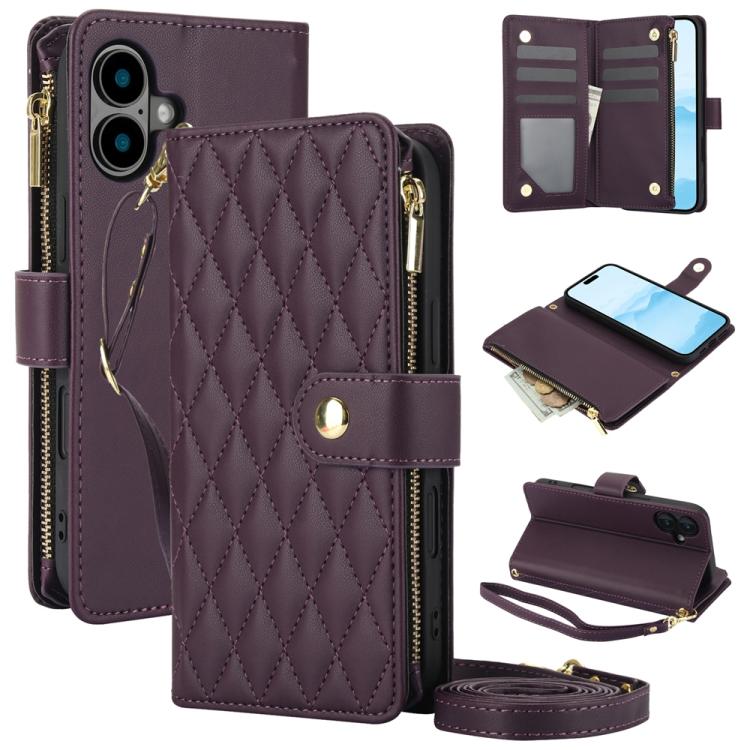 

For iPhone 16 Plus YM016 Rhombic Zipper Card Wallet Leather Phone Case with Lanyard(Dark Purple)