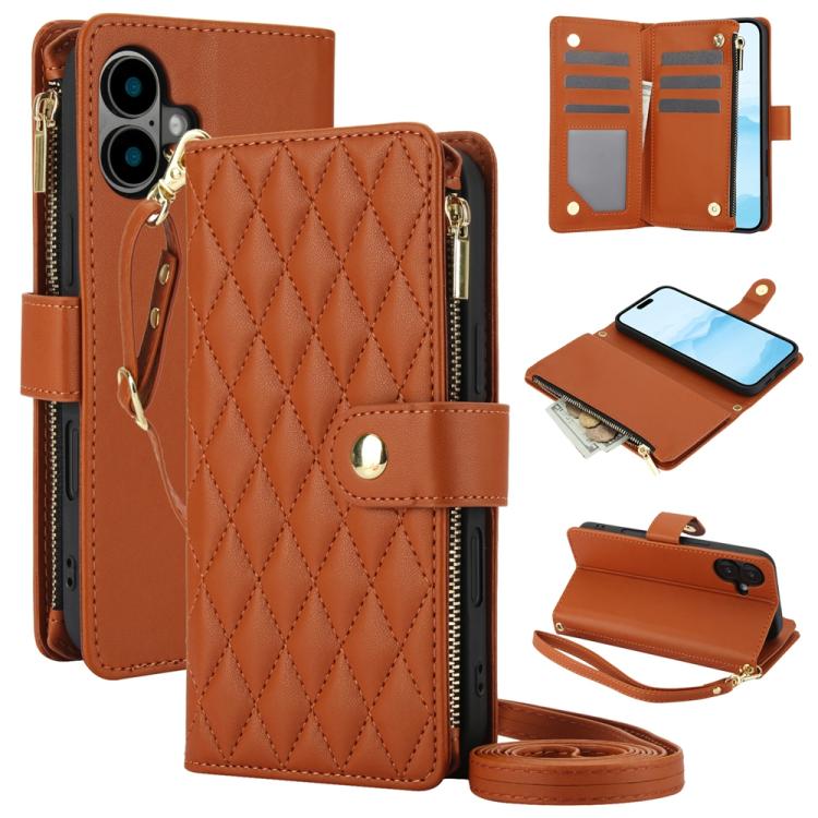 

For iPhone 16 Plus YM016 Rhombic Zipper Card Wallet Leather Phone Case with Lanyard(Brown)