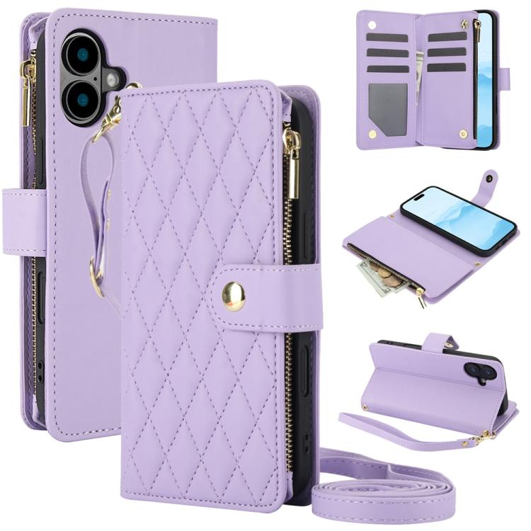 

For iPhone 16 Plus YM016 Rhombic Zipper Card Wallet Leather Phone Case with Lanyard(Light Purple)