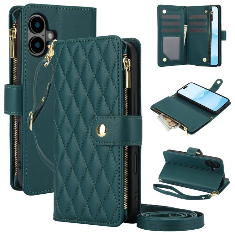 

For iPhone 16 YM016 Rhombic Zipper Card Wallet Leather Phone Case with Lanyard(Green)