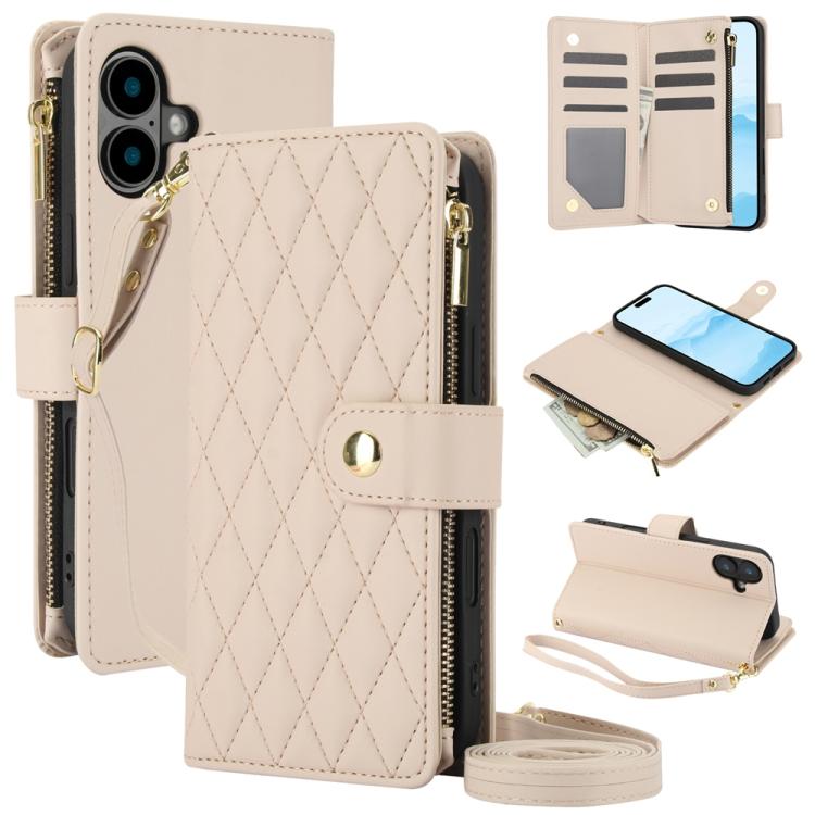 

For iPhone 16 YM016 Rhombic Zipper Card Wallet Leather Phone Case with Lanyard(Apricot)