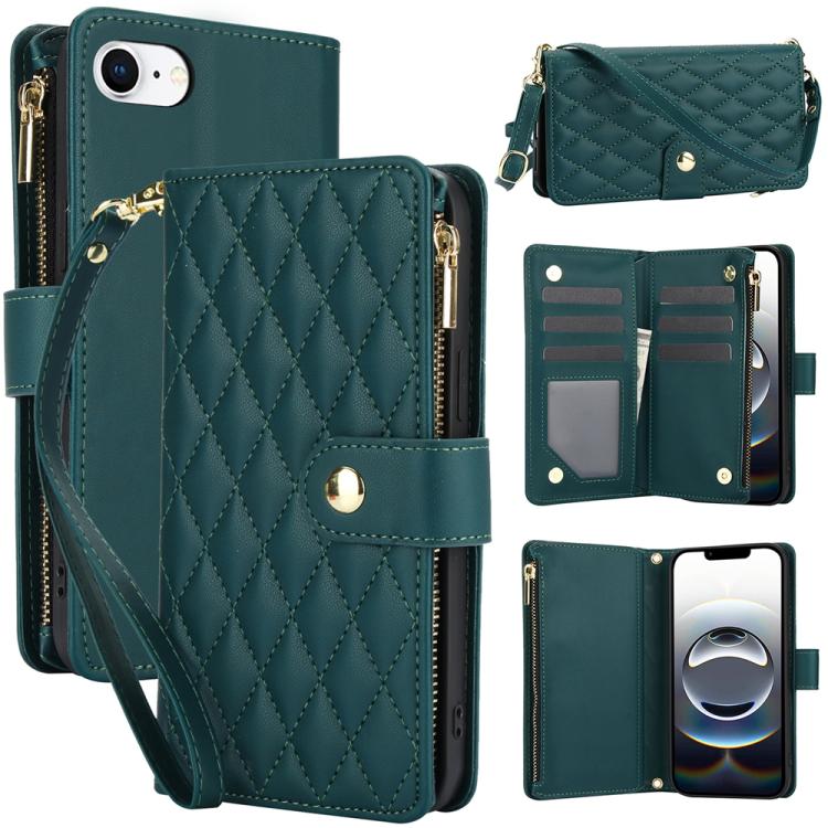 

For iPhone 16e YM016 Rhombic Zipper Card Wallet Leather Phone Case with Lanyard(Green)