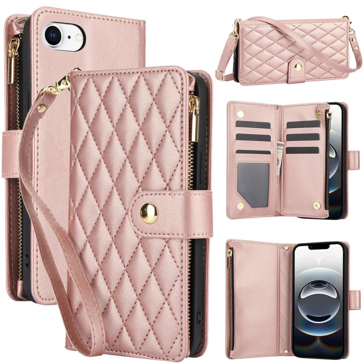 

For iPhone 16e YM016 Rhombic Zipper Card Wallet Leather Phone Case with Lanyard(Rose Gold)
