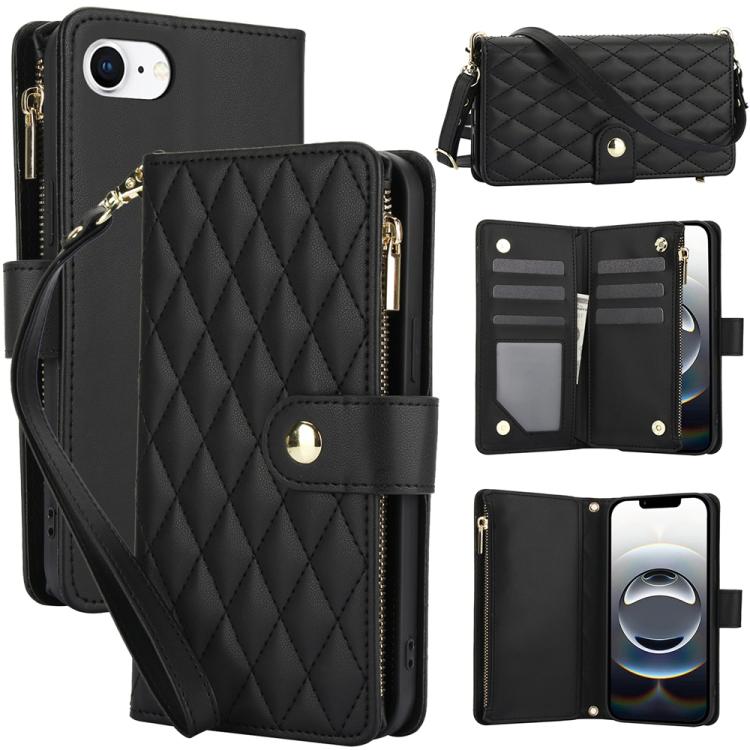 

For iPhone 16e YM016 Rhombic Zipper Card Wallet Leather Phone Case with Lanyard(Black)