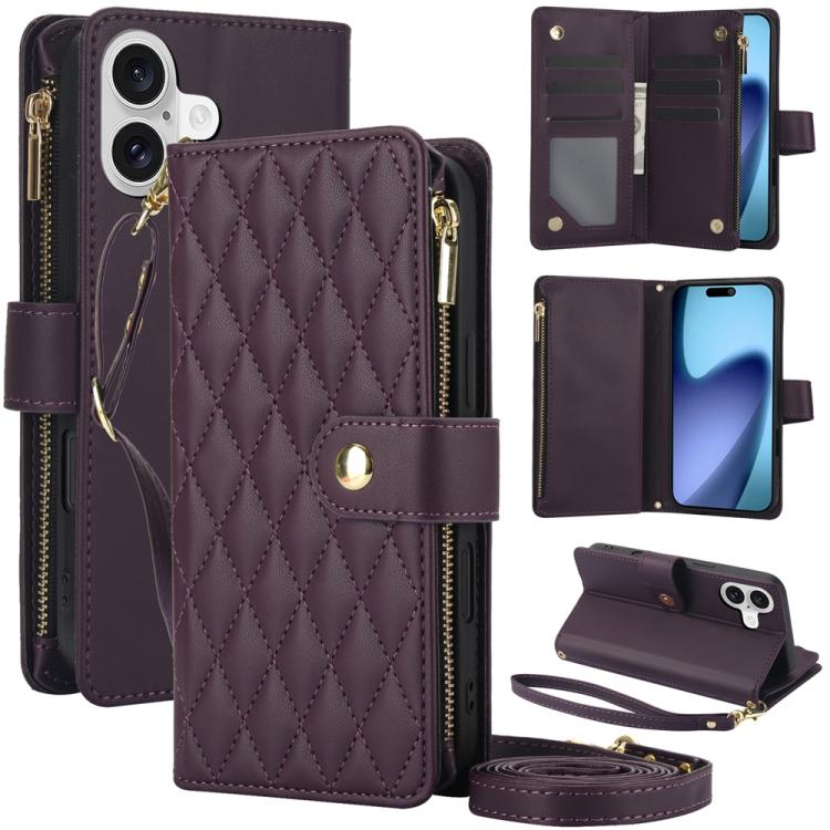 

For iPhone 17 YM016 Rhombic Zipper Card Wallet Leather Phone Case with Lanyard(Dark Purple)